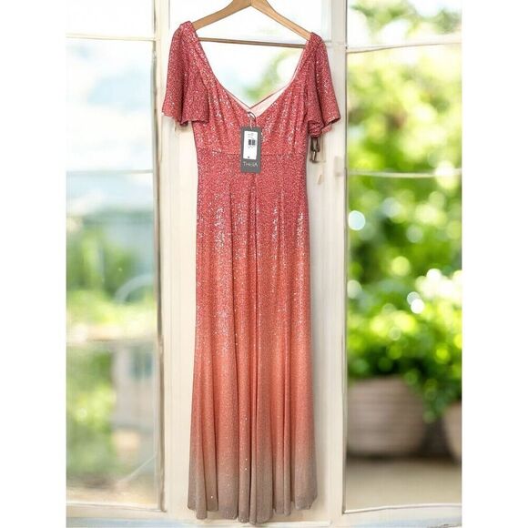 Theia Couture $749 Ombre Sequin Flutter Sleeve Maxi Evening Gown NWT - Picture 4 of 15